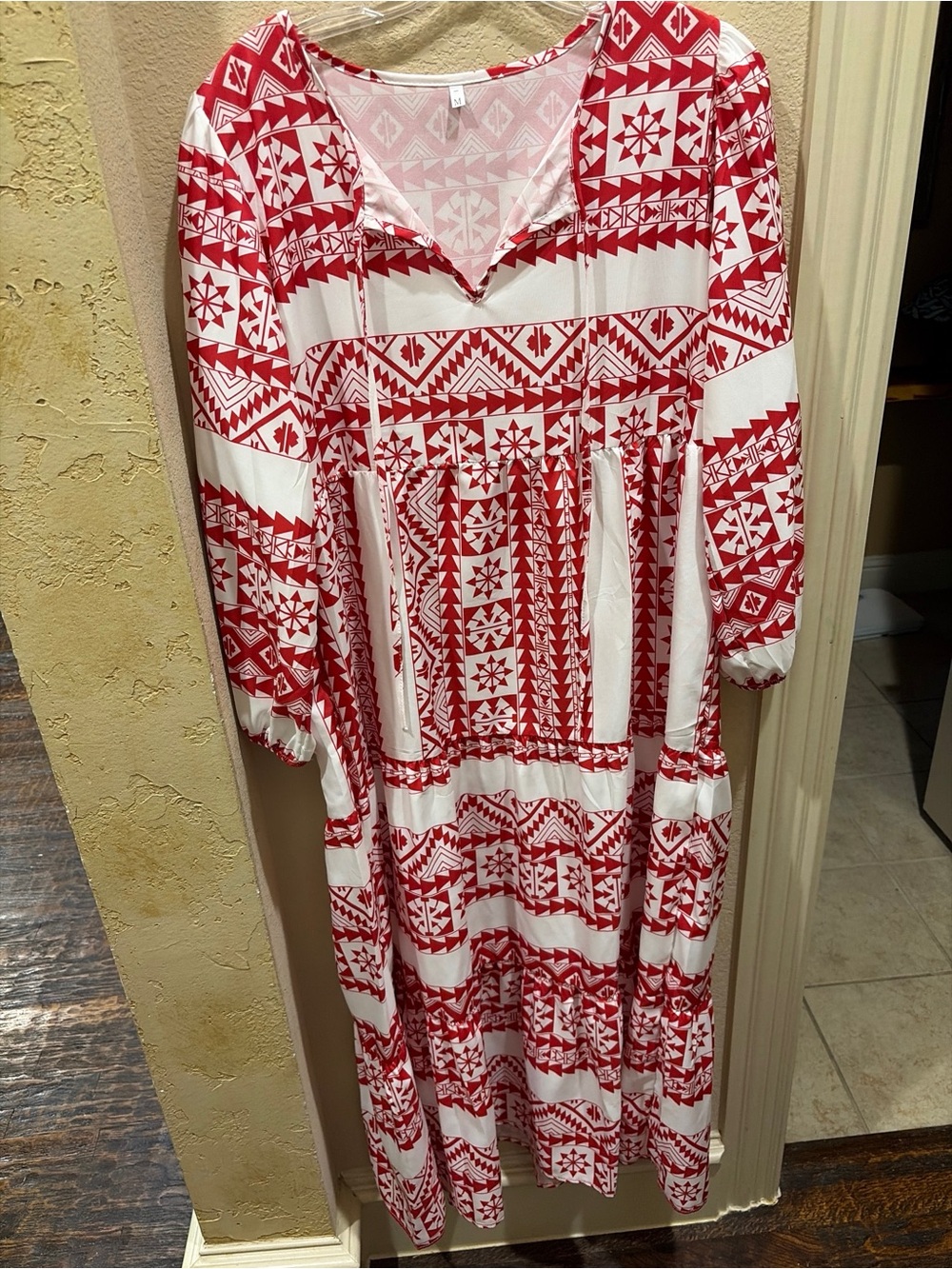 Red & White Geometric Boho Maxi Dress